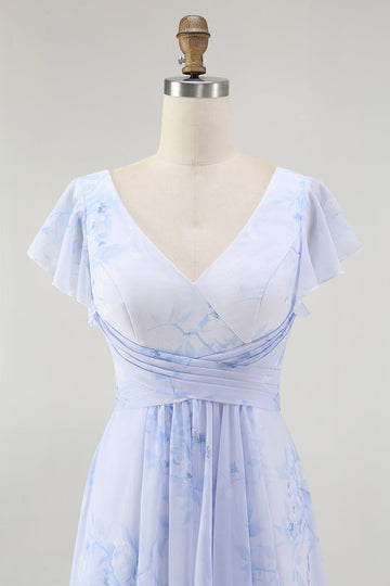 Dusty Sage A-Line Chiffon Flutter Sleeves Print Floral Bridesmaid Dress with Slit